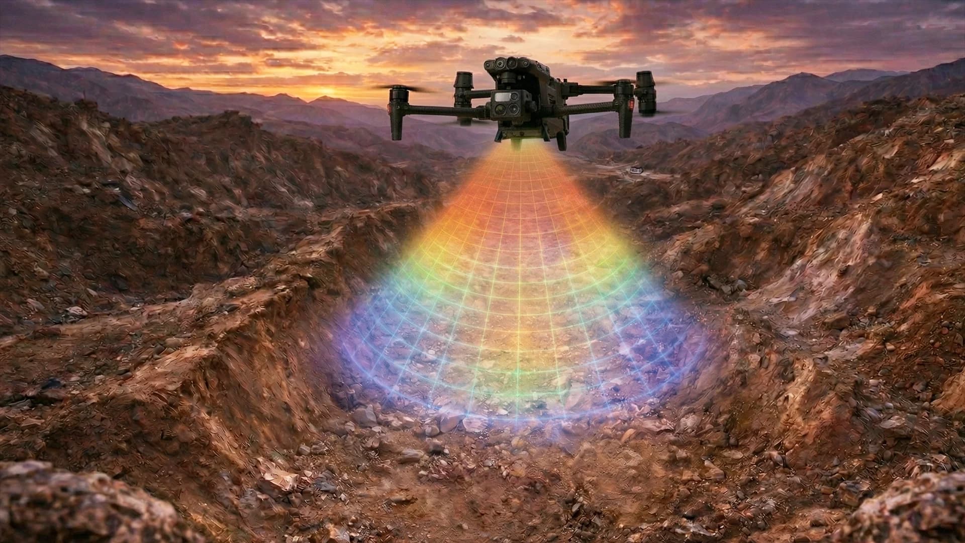 Aerial sonar scanning across a mining landscape at sunset