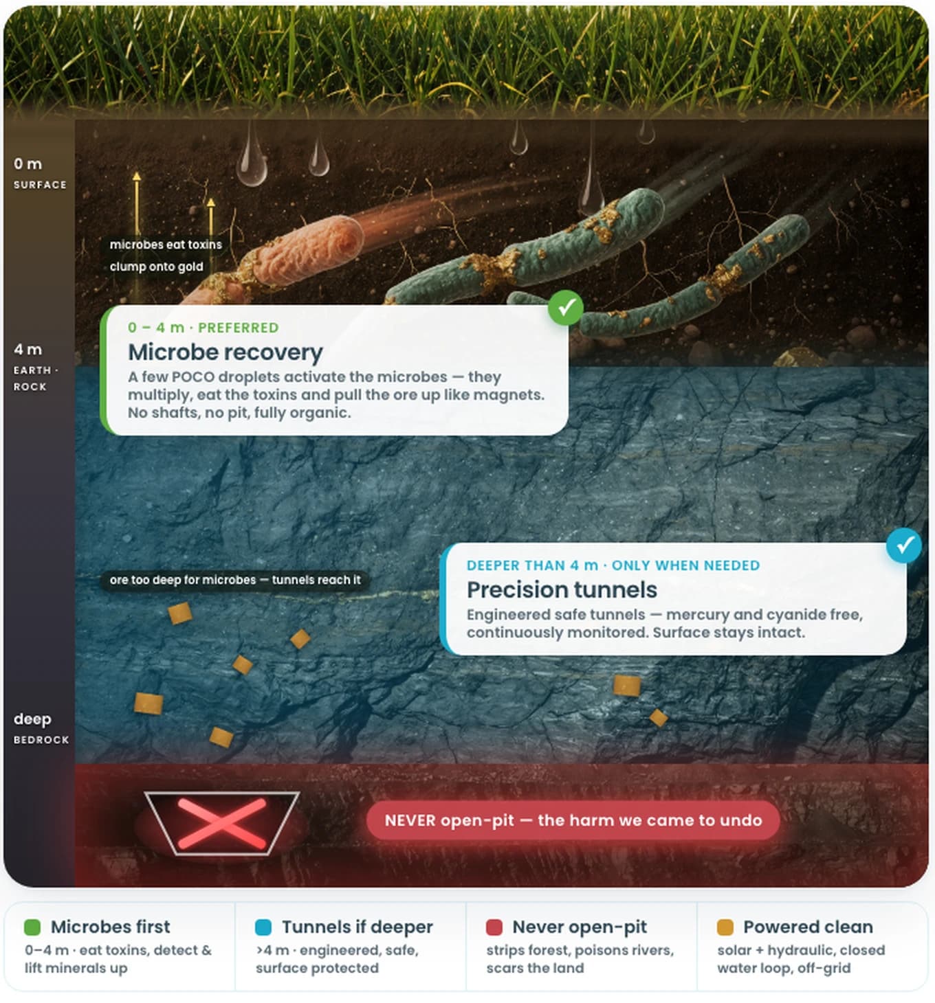 ESMI method ladder: microbe recovery from zero to four metres, precision tunnels only for deeper minerals, and no open-pit mining