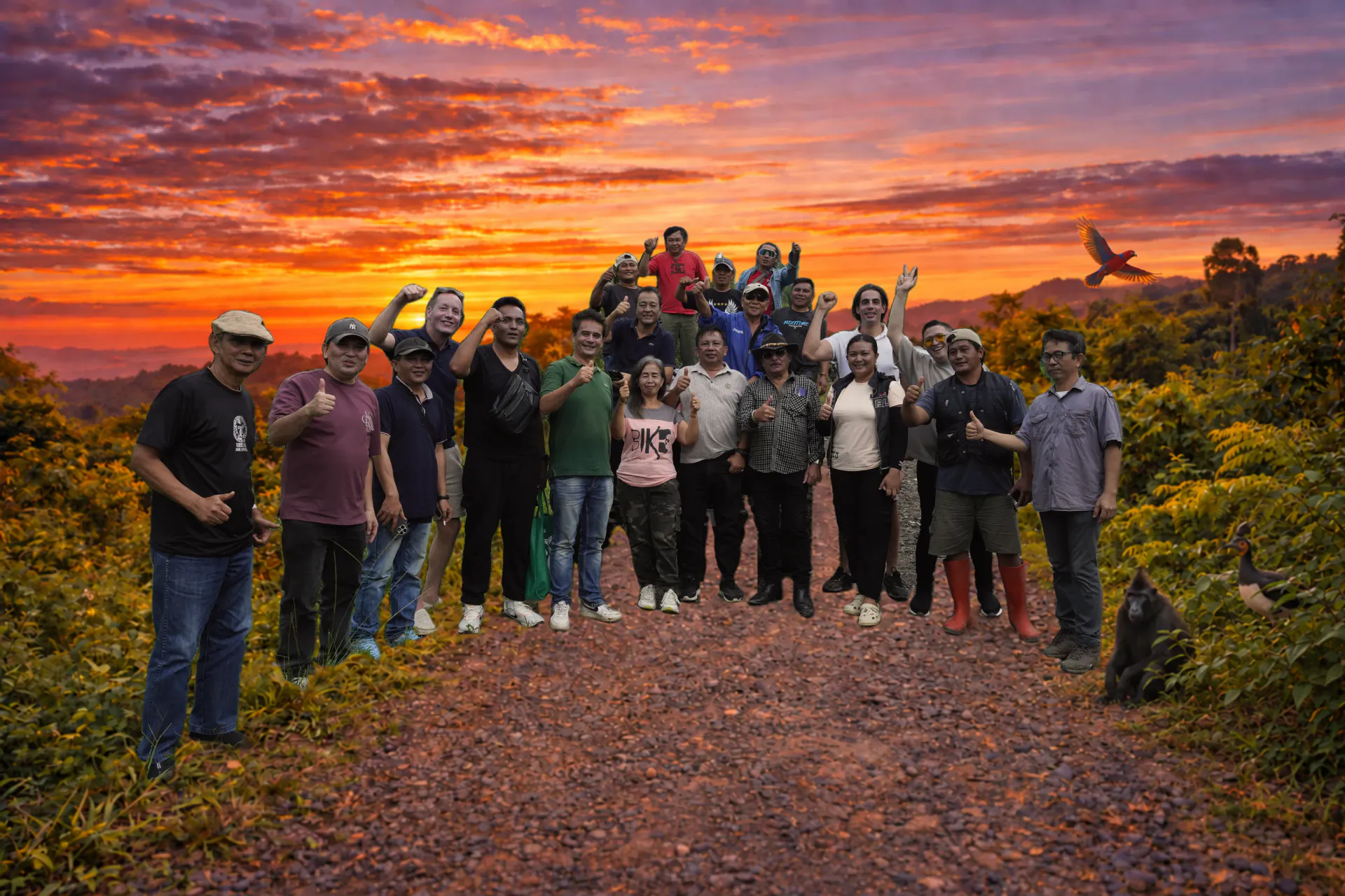 The original ESMI team and local community with Sulawesi wildlife integrated into a sunset landscape.